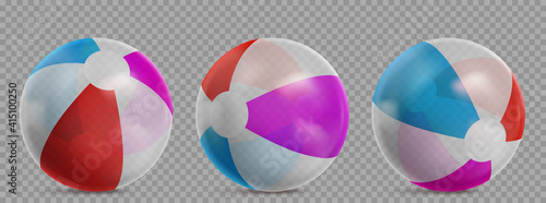 Inflatable beach ball for play in water, swim pool or sea. Vector realistic set of striped clear rubber beachballs with different colors isolated on transparent background