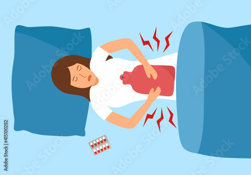 Woman having period pain and lying on bed concept vector illustration on blue background. Menstrual cramps. Female relief pain with hot water bag.