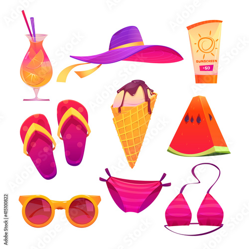 Cute summer stickers for girls, cartoon ice cream, pink bikini swimwear, watermelon, cocktail with orange slices, beach hat, sunglasses and colorful flip flops, sunscreen cream vector set