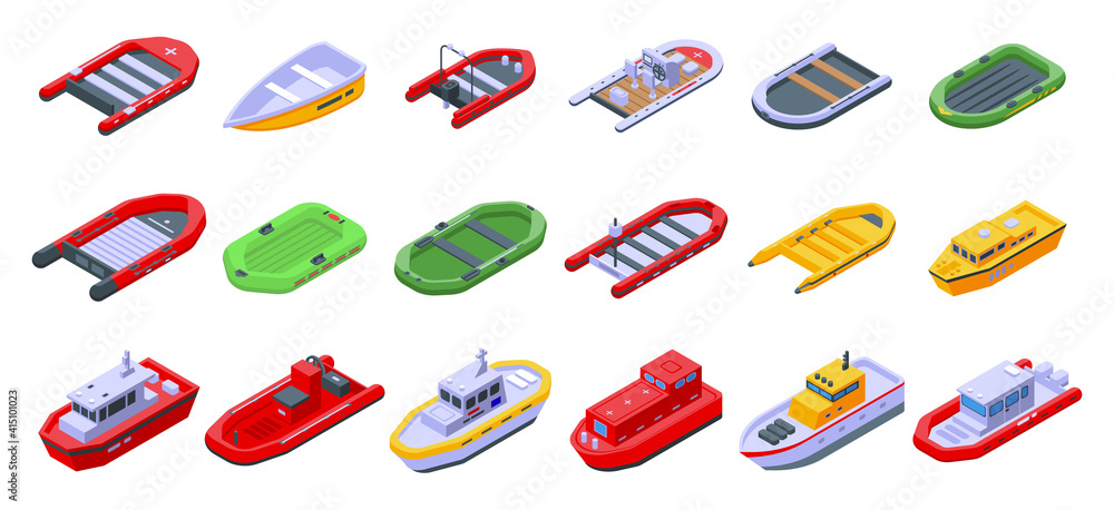 Rescue boat icons set. Isometric set of rescue boat vector icons for web design isolated on white background