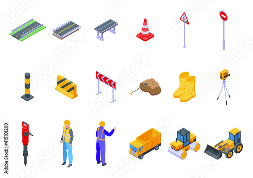 Highway construction icons set. Isometric set of highway construction vector icons for web design isolated on white background