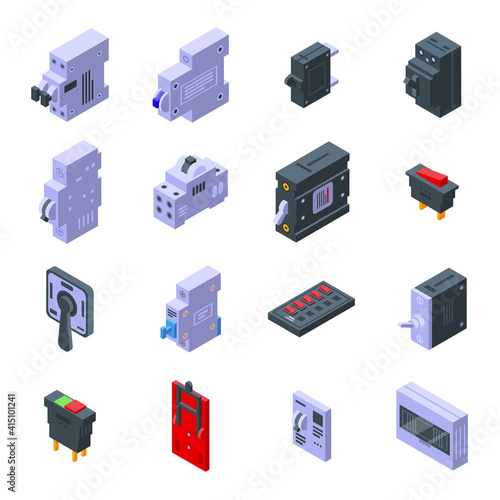 Breaker switch icons set. Isometric set of breaker switch vector icons for web design isolated on white background