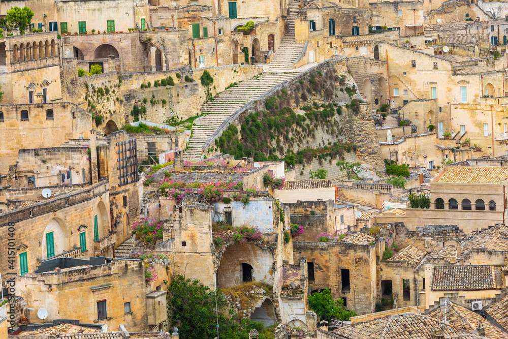 Italy, Basilicata, Province of Matera, Matera. Overview of old houses and rooftops.