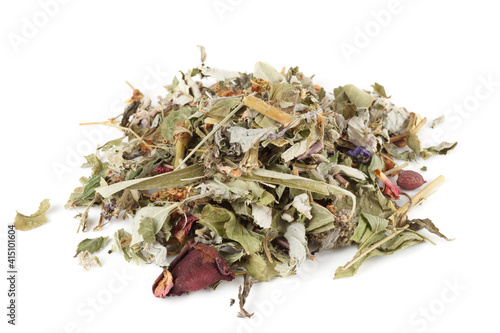 Heap of herb and flower tea isolated on white