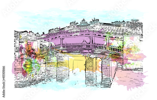 Building view with landmark of Hoi An is a city on Vietnam. Watercolour splash with hand drawn sketch illustration in vector.