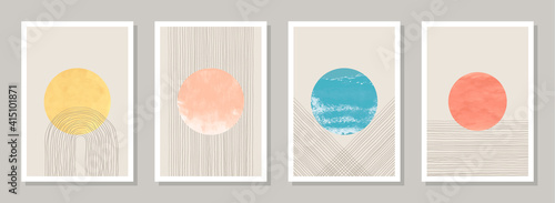 Set of abstract minimalist hand-painted wall art decorations. Collection of mid-century art compositions. Modern style wall art decor. Contemporary aesthetic background with watercolor shapes. CMYK