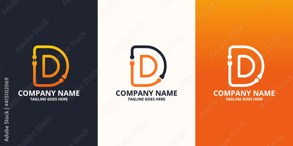 Electric initial letter D Logo Icon Template. Illustration vector graphic. Design concept Electrical plug With letter symbol. Perfect for corporate, more technology brand identity Electric initial letter D Logo Icon Template. Illustration vector graphic. Design concept Electrical plug With letter symbol. Perfect for corporate, more technology brand identity