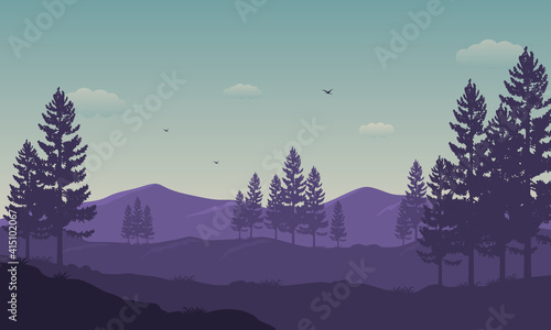 Panoramic views of the mountains with the forest in the morning under a bright sky. Vector illustration