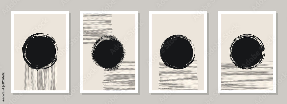 Trendy abstract minimalist art compositions A4 set. Mid-century minimalist artwork. Black and white hand painted watercolor shapes. Aesthetic backgrounds for web banners, social media posts. CMYK
