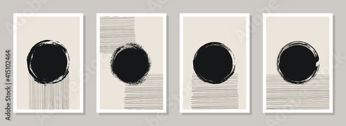 Trendy abstract minimalist art compositions A4 set. Mid-century minimalist artwork. Black and white hand painted watercolor shapes. Aesthetic backgrounds for web banners, social media posts. CMYK
