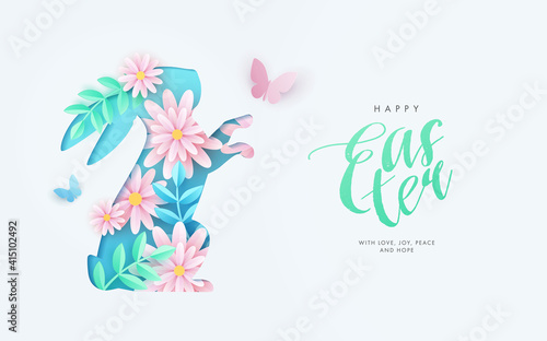 Happy Easter greeting card, website banner, poster, flyer or holiday cover. Trendy modern design in paper cut style with cute bunny, spring flowers and leaves in pastel colors, typography and wishes