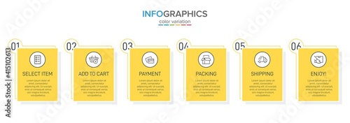 Concept of shopping process with 6 successive steps. Six colorful graphic elements. Timeline design for brochure, presentation, web site. Infographic design layout.