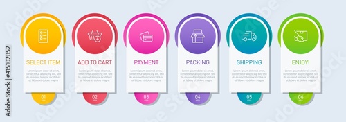 Concept of shopping process with 6 successive steps. Six colorful graphic elements. Timeline design for brochure, presentation, web site. Infographic design layout.