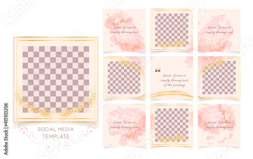 Editable abstract square instagram social media posts banners templates. Minimalist fashion golden frame background with pastel pink brush strokes. Suitable for social media posts, covers, puzzle feed