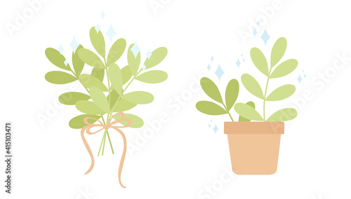Branches of green plants, ribbon bow, potted flower, sparkles. Isolate on a white background. Vector, pastel colors, scalable to any size. For stickers, notebooks, albums, covers, any graphic design