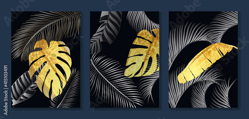 Luxury gold wallpaper.  Black and golden background. Tropical leaves wall art design with dark blue and green color, shiny golden light texture. Modern art mural wallpaper. Vector illustration.