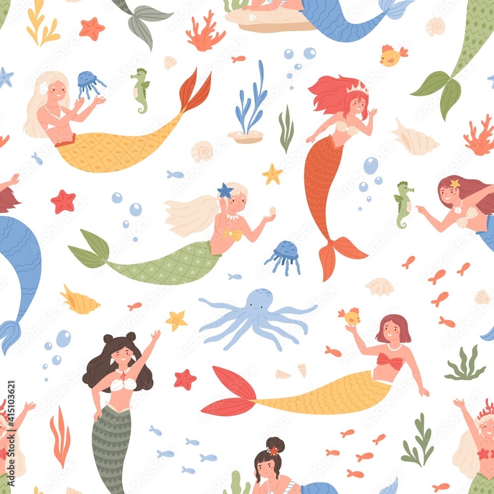 Colorful seamless pattern with fairy mermaids and cute underwater sea creatures. Endless repeatable fairytale texture for children. Colored flat vector illustration on white background Colorful seamless pattern with fairy mermaids and cute underwater sea creatures. Endless repeatable fairytale texture for children. Colored flat vector illustration on white background