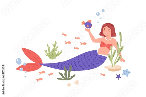 Pretty mermaid with violet tail playing with fish at sea bed. Cute underwater fairy princess in seashell bra and necklace. Colored flat cartoon vector illustration isolated on white background