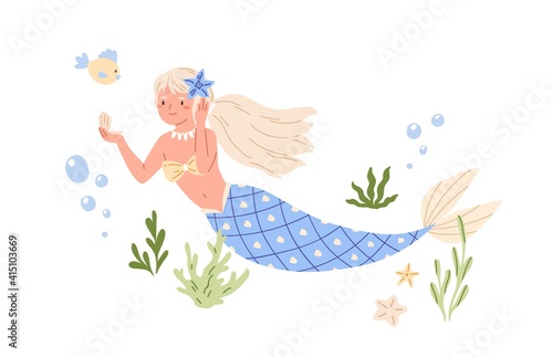 Pretty mermaid with long blonde hair and blue fish tail swimming at sea bed and looking in seashell mirror. Cute underwater fairy princess. Color flat vector illustration isolated on white background