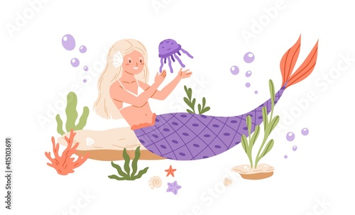 Pretty mermaid with long blonde hair and fish tail playing with jellyfish at ...