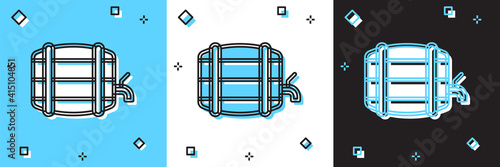 Set Wooden barrel on rack with stopcock icon isolated on blue and white, black background. Vector.