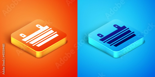 Isometric Sauna bucket icon isolated on orange and blue background. Vector.