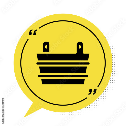 Black Sauna bucket icon isolated on white background. Yellow speech bubble symbol. Vector.
