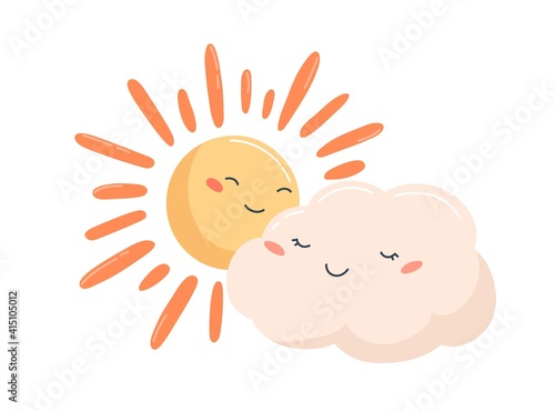 Cute glowing sun and smiling cloud characters with happy face expressions. Partly sunny weather icon. Childish colorful flat vector illustration isolated on white background