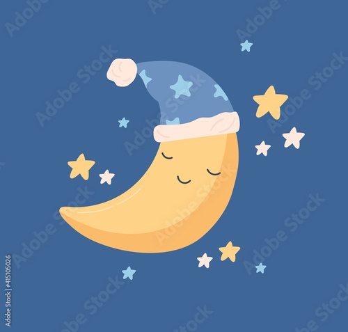 Cute yellow half moon sleeping in hat with pompom at night sky with stars. Sweet baby crescent character in nightcap. Childish colored vector illustration in flat cartoon style