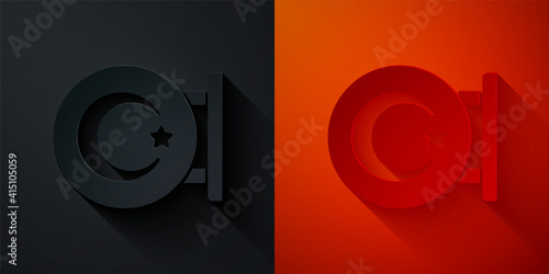 Paper cut Star and crescent - symbol of Islam icon isolated on black and red background. Religion symbol. Paper art style. Vector.
