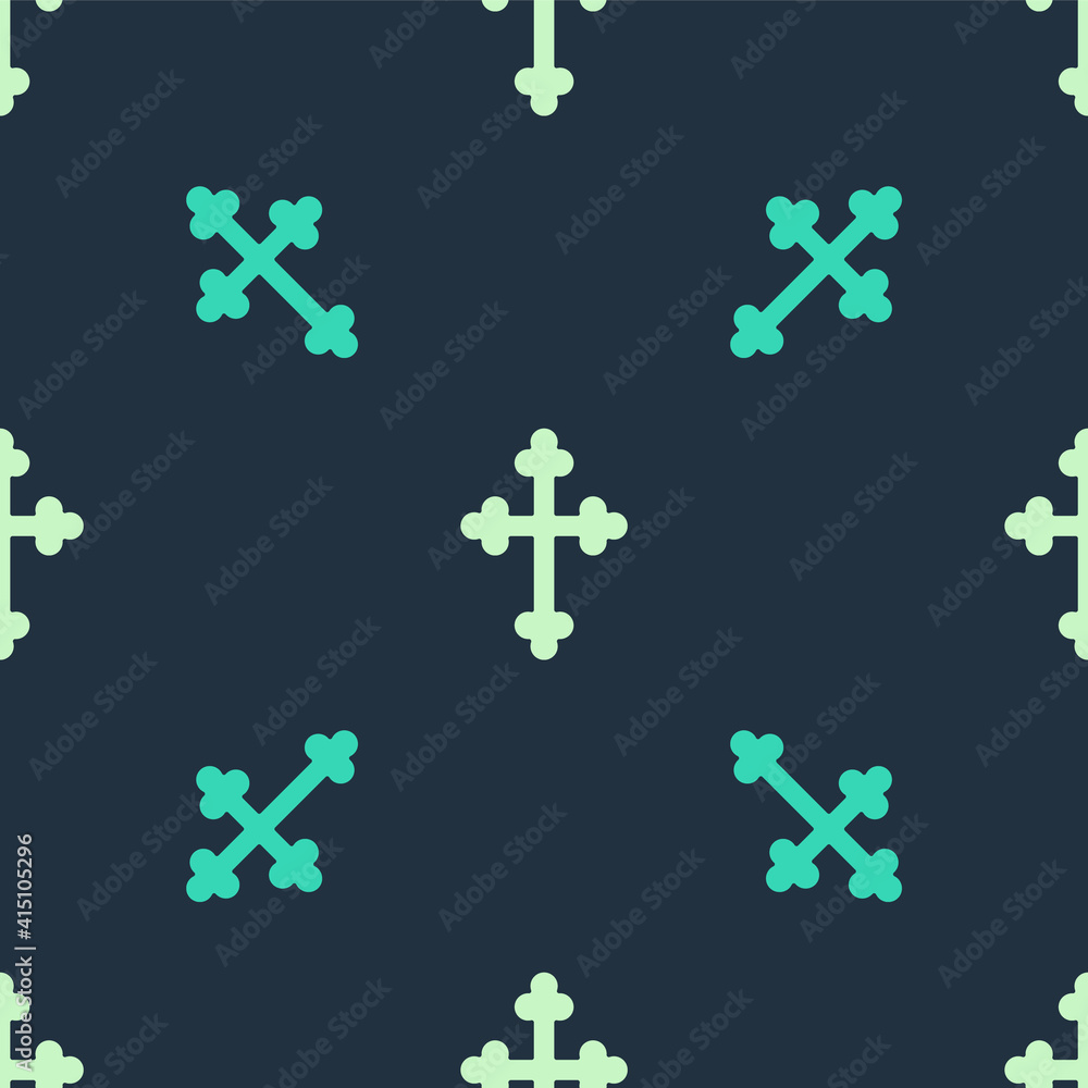 Obraz premium Green and beige Christian cross icon isolated seamless pattern on blue background. Church cross. Vector.