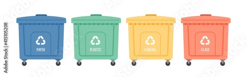 Containers or recycle bins for paper, plastic, glass and general trash. Concept of separate garbage collection. Dumpsters of different colors isolated on white background. Flat vector illustration