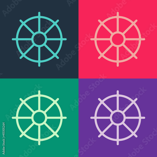 Pop art Dharma wheel icon isolated on color background. Buddhism religion sign. Dharmachakra symbol. Vector.