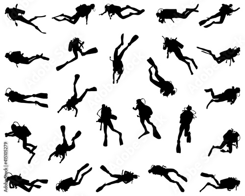 SVG Black silhouette of divers on a white background