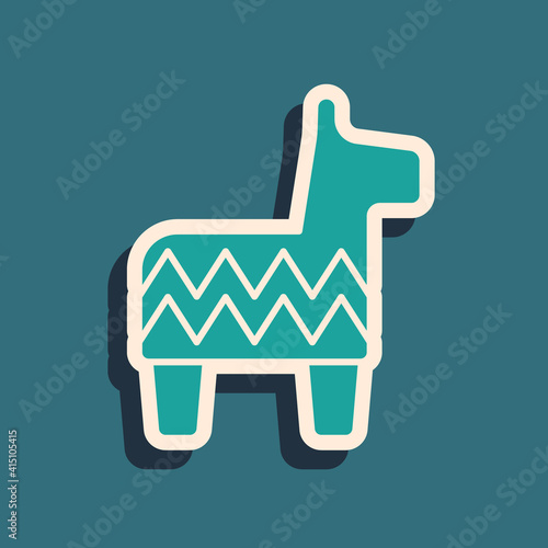 Green Pinata icon isolated on green background. Mexican traditional birthday toy. Long shadow style. Vector.