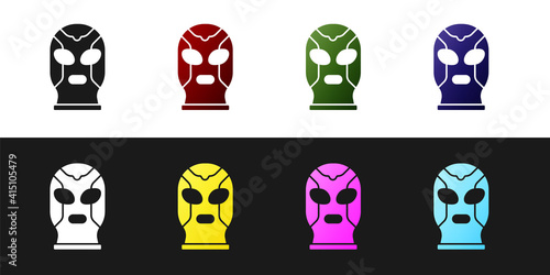 Set Mexican wrestler icon isolated on black and white background. Vector.