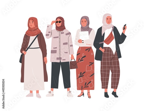 Group of modern Muslim woman wearing stylish and trendy casual clothes and hi...
