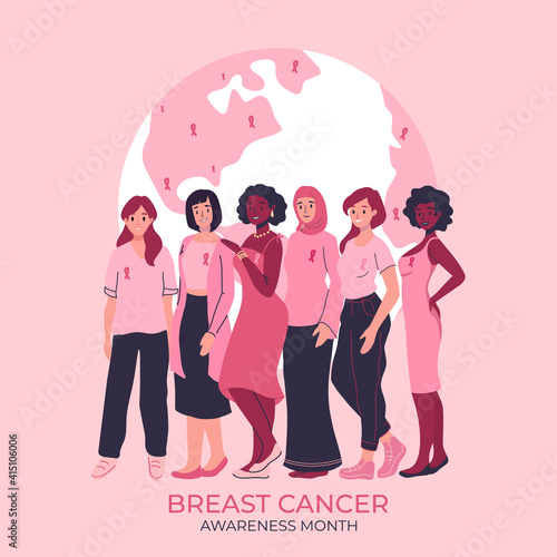 Breast cancer awareness month banner, poster template. Disease prevention, solidarity or charity campaign flyer. Group of diverse ethnic nationalities women together. Pink ribbon. Friendship, support
