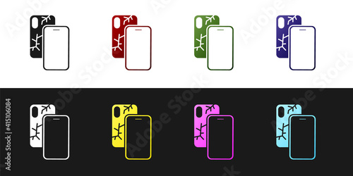 Set Smartphone with broken screen icon isolated on black and white background. Shattered phone screen icon. Vector.