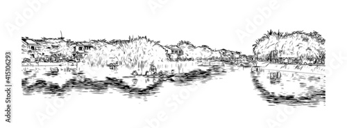 Building view with landmark of Hoi An is a city on Vietnam. Hand drawn sketch illustration in vector.
