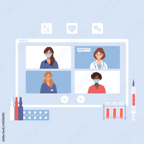 Browser window, computer screen with female therapist, hospital staff team. Video call in messenger, online consultation. Banner template. Ask doctor. Medical advise, chat service, telemedicine