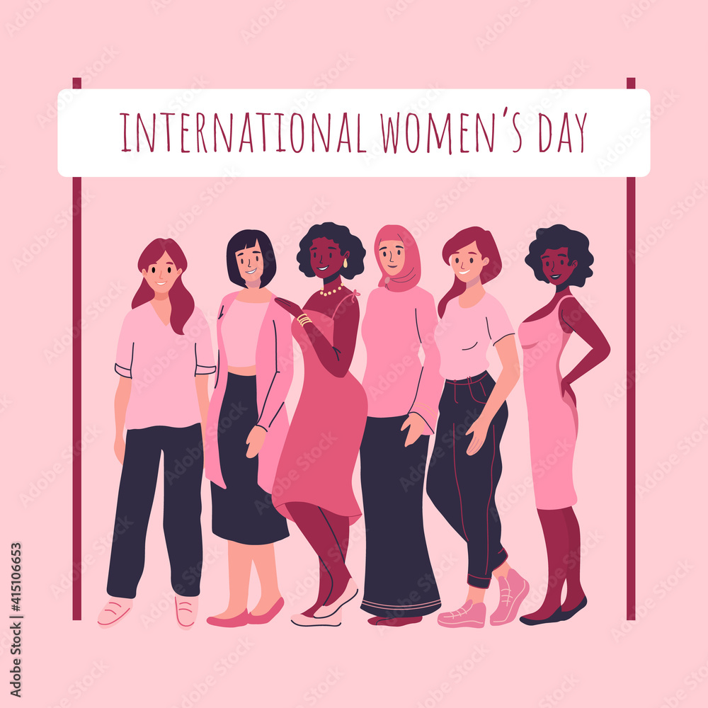 International Women's Day banner, poster, card. Diverse women standing together for feminism, freedom, independence, empowerment, women rights, equality. Women's friendship, sisterhood, activism International Women's Day banner, poster, card. Diverse women standing together for feminism, freedom, independence, empowerment, women rights, equality. Women's friendship, sisterhood, activism