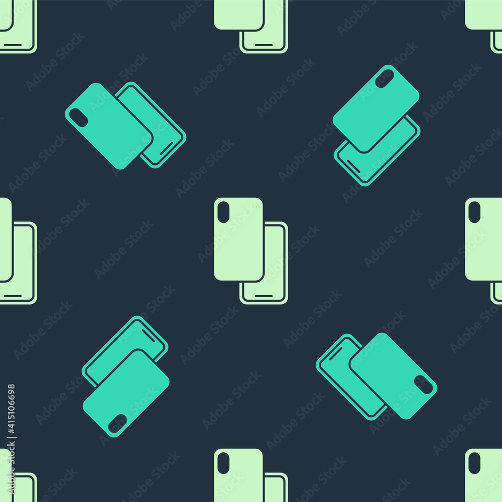 Green and beige Smartphone, mobile phone icon isolated seamless pattern on blue background. Vector. Green and beige Smartphone, mobile phone icon isolated seamless pattern on blue background. Vector.