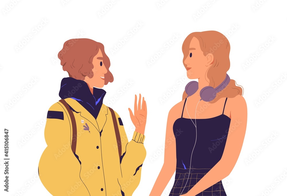 Young smiling woman greeting her friend with hi gesture. Meeting of girlfriends. Acquaintance and contacting to new people. Colored flat vector illustration isolated on white background Young smiling woman greeting her friend with hi gesture. Meeting of girlfriends. Acquaintance and contacting to new people. Colored flat vector illustration isolated on white background