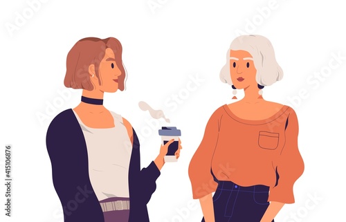 Two young women talking and drinking coffee. Chatting girlfriends isolated on white background. Communication of mother and daughter. Colorful flat vector illustration