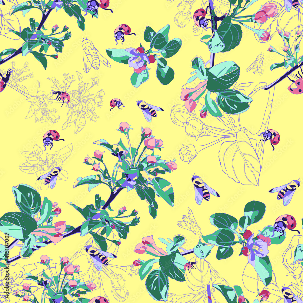 Fototapeta premium Spring seamless pattern with flowering branches of apple tree, bees and ladybirds. Flowers on a yellow background. Floral background.