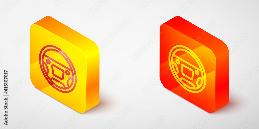 Isometric line Steering wheel icon isolated on grey background. Car wheel icon. Yellow and orange square button. Vector. Isometric line Steering wheel icon isolated on grey background. Car wheel icon. Yellow and orange square button. Vector.