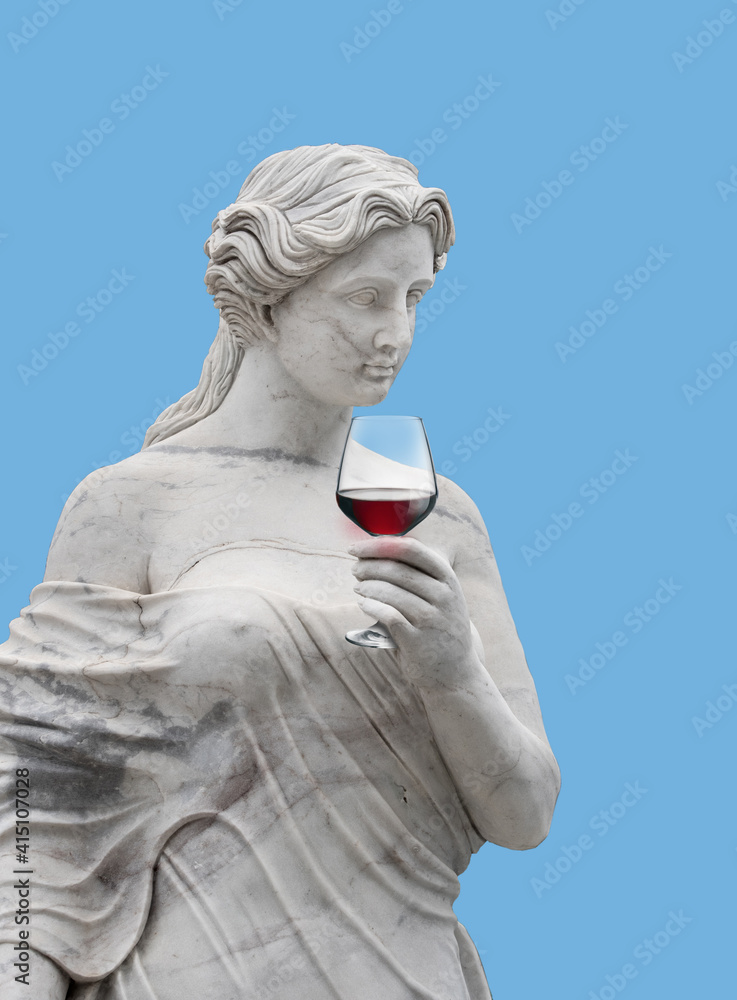 Statue of an ancient Greek goddess with wine glass isolated 