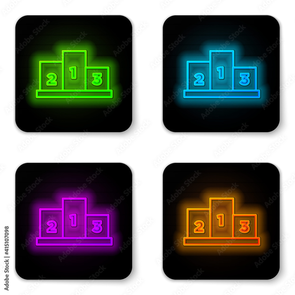 Glowing neon line Award over sports winner podium icon isolated on white background. Black square button. Vector. Glowing neon line Award over sports winner podium icon isolated on white background. Black square button. Vector.