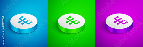 Isometric line Gear shifter icon isolated on blue,green and purple background. Transmission icon. White circle button. Vector.